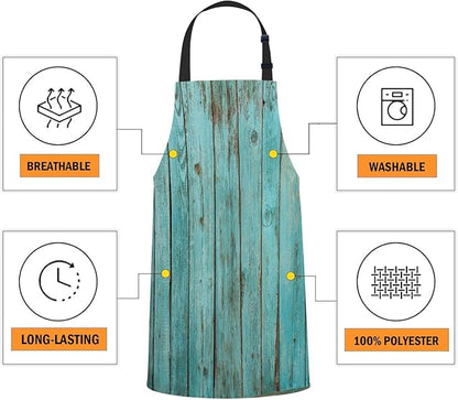 oFloral Vintage Rustic Wood Turquoise Teal Apron Unisex Adjustable Bib Apron Cooking Kitchen Chef Women Men Aprons for Home Kitchen, Restaurant,Coffee House,Shop,Garden