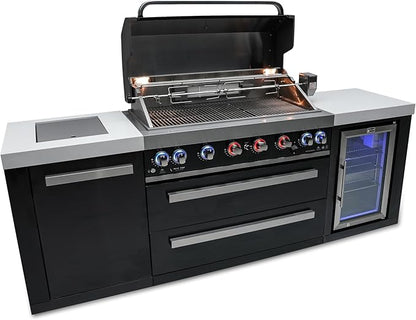 Mont Alpi 94"W x 23"D x 46"H Black Stainless Steel Modular Outdoor Kitchen Island with Refrigerator + 44"W 6-Burner BBQ Gas Grill + Side Burner + White Granite Countertops + Storage Cabinets & Drawers