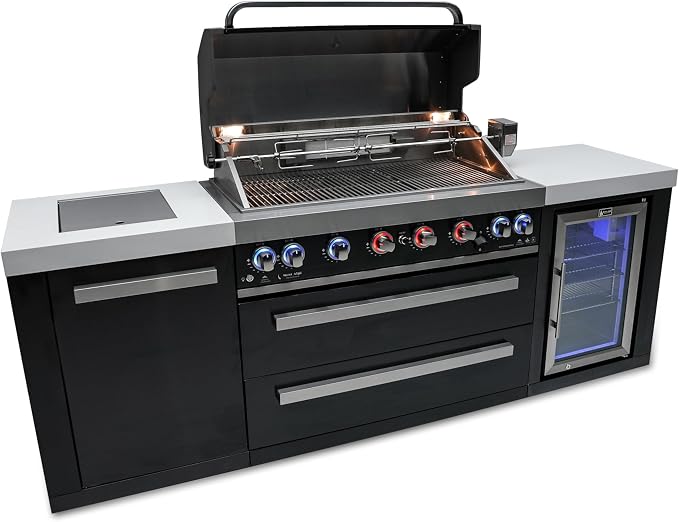 Mont Alpi MAi805-BSSFC-COMBO 44-Inch 6-Burner 115000 BTU Black Stainless Steel Outdoor Kitchen Island Gas Grill with Fridge, Pizza Oven & Griddle