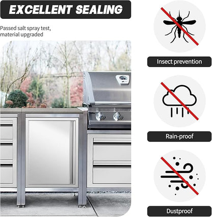Stainless Steel Outdoor Kitchen Single Handleless BBQ Door, 18W 24H inch Opens Left or Right, Kitchen Cabinet Grill Station or BBQ Island