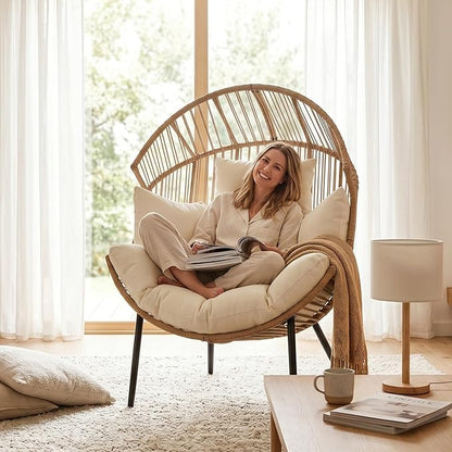 Garvee Outdoor Wicker Egg Chair with Extra-Soft Pillow and Thick Cushion | Oversized Ergonomic Rattan Lounge Rocker for Outdoor & Indoor, Living Room, Backyard & Garden – Cream Cushion, Wicker Frame
