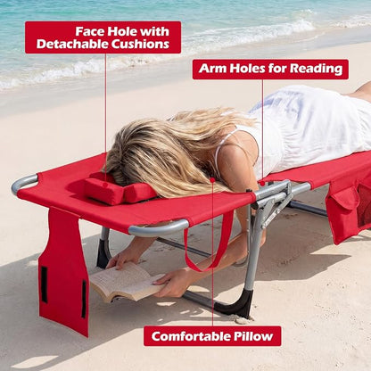 GYMAX Tanning Chair with Face Hole, Sun Bathing Lounge Chairs for Outside with Side Pocket, Folding Portable Face Down Layout Tanning Chair Beach, Backyard, Poolside, Lawn (Red,1)