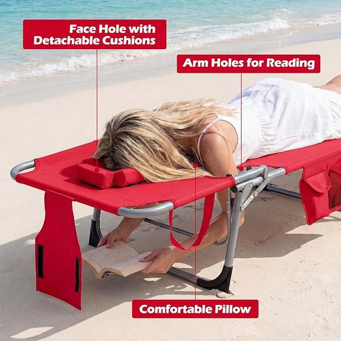 COSTWAY Tanning Chair with Face Hole, Folding Beach Lounge Chair with 4-Position Adjustable Backrest, Pillow & Side Pocket, Foldable Chaise Lounge Chair Outdoor for Sunbathing, Camping (2, Red)