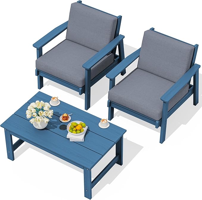 SERWALL HDPE Outdoor Couch, Blue Frame and Grey Cushion