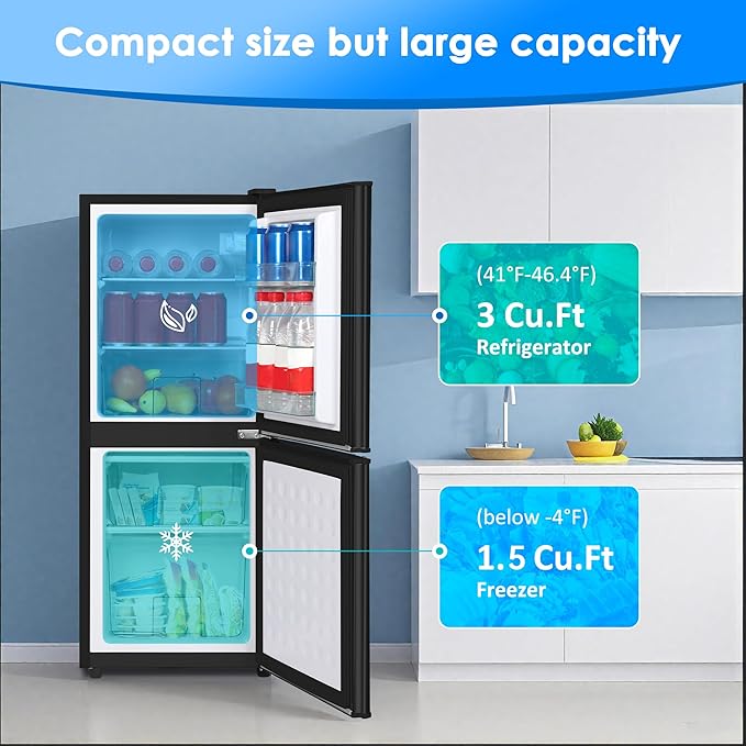 Compact Refrigerator with Freezer, 4.5 Cu. Ft. 2-Door Dorm Fridge, Black | Compact Refrigerator 7-Level Adjustable Thermostat, Glass Shelves, Small Refrigerator with Freezer for Home, RV, Office