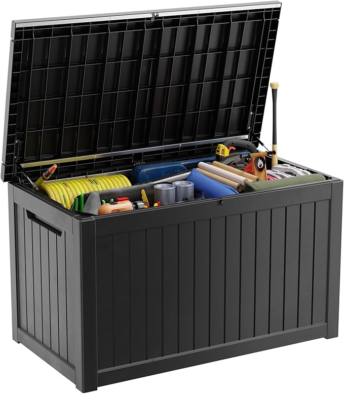 ROJIK 280 Gallon Waterproof Outdoor Deck Storage Box, Lockable Resin Patio Storage Bin with Lid for Garden Tools, Patio Cushions & Outdoor Accessories(Black)