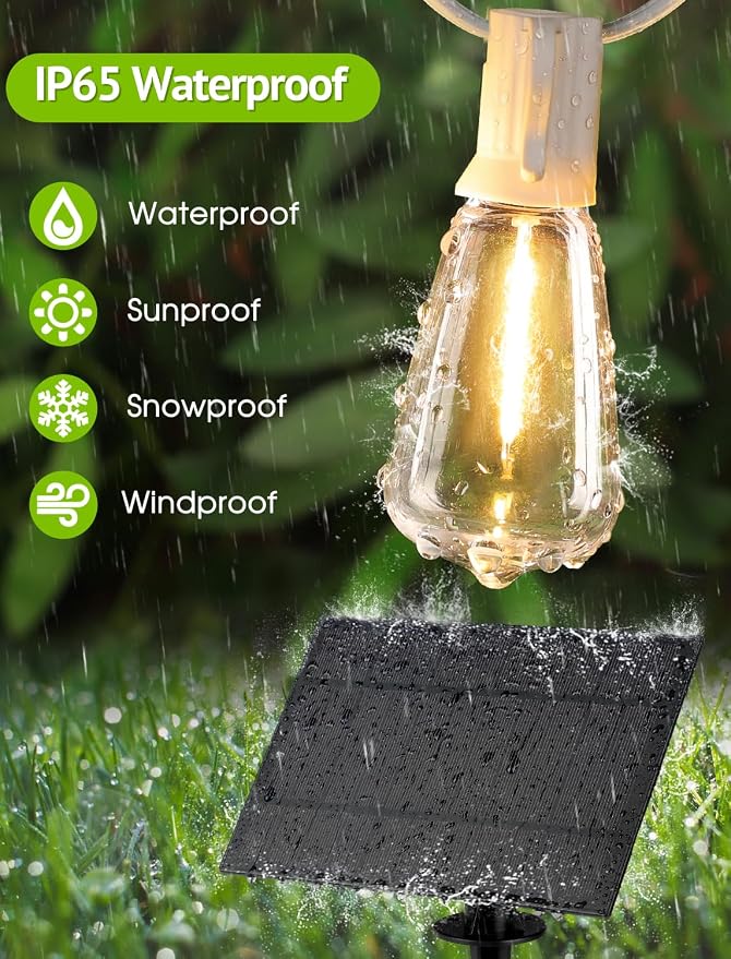 Larkvue 96FT(2x48FT) Solar Outdoor String Lights with Remote & Timer, Waterproof Dimmable Patio Lights with 30+2 ST38 LED Bulbs for Garden Deck-White