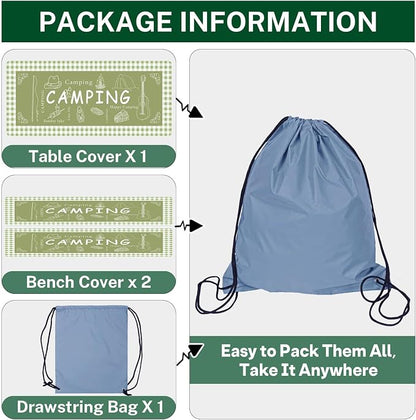 Picnic Table Cover with Bench Covers Elastic Edges, Green Camper Fitted Table Cover, Outdoor Patio Camping Essentials 72 Inch 3PCS, Waterproof Camping Fitted Tablecloth with Drawstring Bag