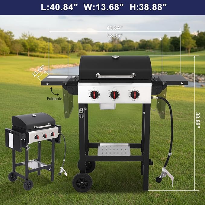 3-Burner Propane Gas Grill with Cast Iron Grate, 30,000 BTU Output & 252 Sq. Inch Cooking Space, Easy-Clean System & Foldable Side Tables for Outdoor BBQ (3-Burner)