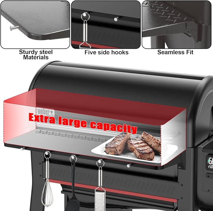 DELSbbq Folding Front Shelf for Weber Searwood 600 XL Pellet Grills, Heavy-Duty Steel Table, Foldable Prep & Storage Station for Weber Searwood 600 XL Accessories