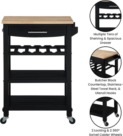 Convenience Concepts Ellaine Butcher Block Kitchen Cart 24.75" - 4 Tier Kitchen Island with Storage Drawer, Dining Room Wine Rack on Wheels, Coffee Station Table, Mobile Utility Trolley, Black