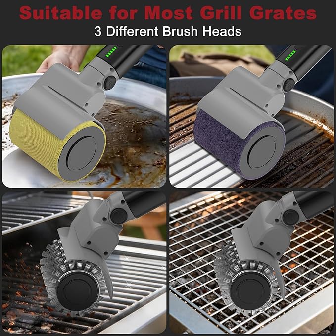 Electric Grill Brush, Rechargeable USB BBQ Grill Cleaner with 3-Speed & 3 Heads, 150+ Min Runtime, Waterproof & Heat Resistant, Cordless Rotary Grill Brush for Outdoor Barbecue Grates