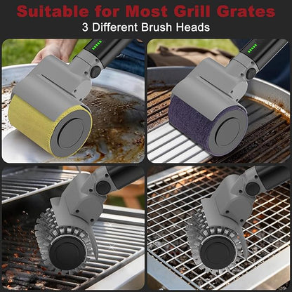 Electric Grill Brush, Rechargeable USB BBQ Grill Cleaner with 3-Speed & 3 Heads, 150+ Min Runtime, Waterproof & Heat Resistant, Cordless Rotary Grill Brush for Outdoor Barbecue Grates