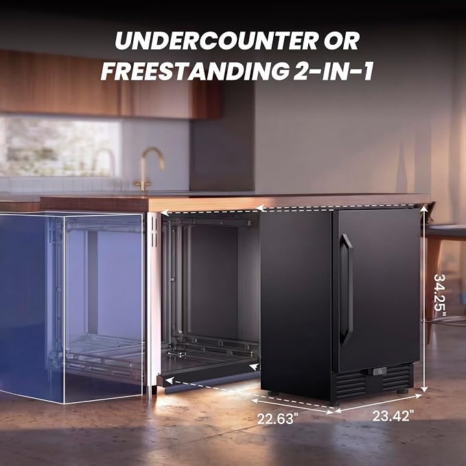 24 Inch Wide Under Counter Beverage Refrigerator, 210 Cans Large Capacity Drink Cooler, Freestanding & Built-in Beer Wine Soda Fridge with LED Light, for Home Kitchen Bar Office Outdoor Patio Black
