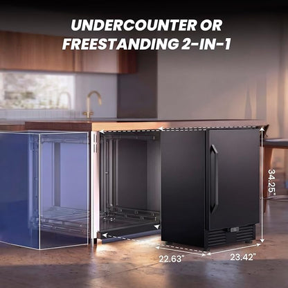 24 Inch Wide Under Counter Beverage Refrigerator, 210 Cans Large Capacity Drink Cooler, Freestanding & Built-in Beer Wine Soda Fridge with LED Light, for Home Kitchen Bar Office Outdoor Patio Black