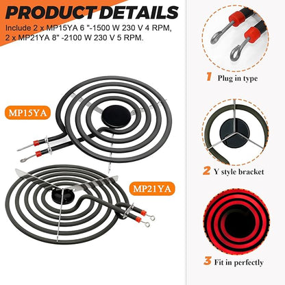 【2026 UPGRADED】 MP22YA Electric Range Burner Element Unit Set - Replacement for Ken-more Whirlpool May-tag Hardwick Norge Ranges/Stoves - Include 2 pcs MP15YA 6" and 2 pcs MP21YA 8" by Beaquicy