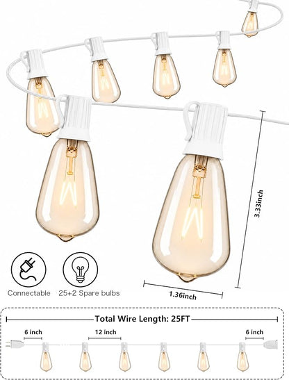 SUNSGNE 25FT Outdoor Edison Bulb String Lights with 27 Clear Edison Bulbs, ST35 Vintage String Lights for Patio, Garden, Backyard, Porch, Bistro Party Decoration, E12 Socket Base (White Wire)