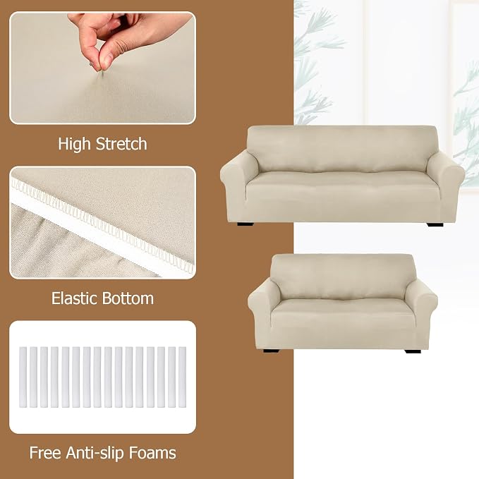 Peryiter 2 Pcs Couch and Loveseat Sofa Covers,Beige,Milk Silk | Armchair Covers for Living Room, Sofa Cushion Slipcover 2/3 Seater, Furniture Protector, Polyester and Spandex, Washable
