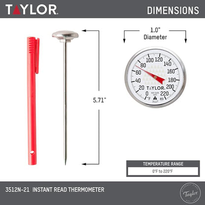 Taylor Instant Read Analog Meat Food Grill BBQ Cooking Kitchen Thermometer with Red Pocket Sleeve Clip, 1 Inch Dial