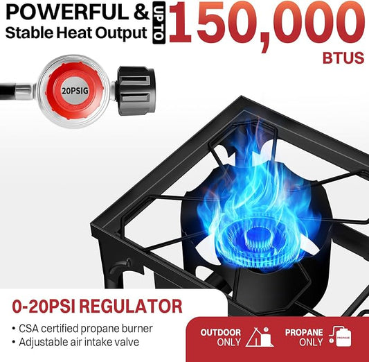 2 Burner Propane Camp Stove | 150,000 BTU | High Pressure Gas Burners | CSA Certified | Waterproof Cover | Detachable Legs | Ideal for Camping Tailgating Backyard Outdoor Cooking