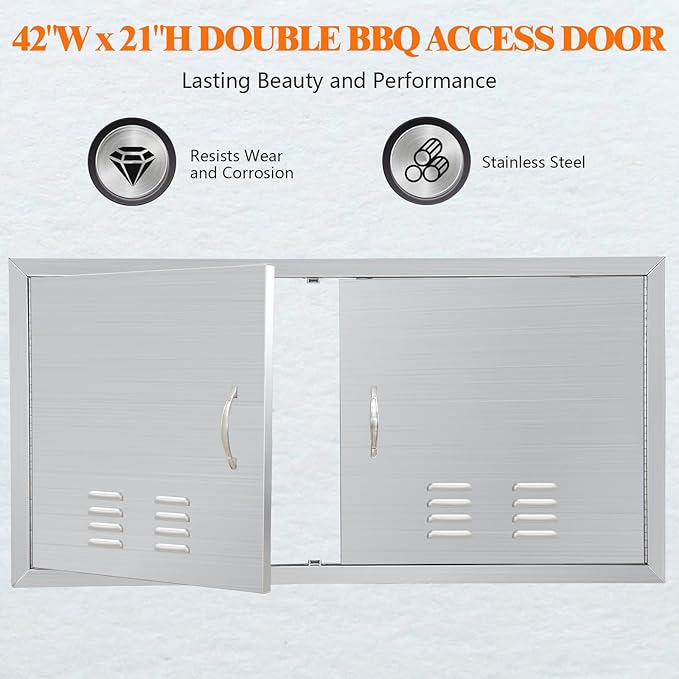 Outdoor Kitchen Doors 42" W x 21" H, Stainless Steel BBQ Access Doors, Flush Mount BBQ Door for Outside Kitchen Grilling Station, Barbeque Oven Island, Storage Cabinet Door