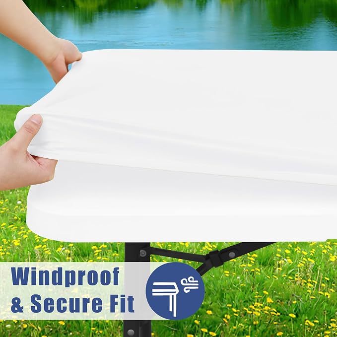 Moosfor Spandex 8 Foot Rectangle Table Cloth, Elastic Fitted Tablecloths for Picnic, Stretch Washable Patio Table Cover for Outdoor, Camping, Banquet and Parties (White, 36"x96")