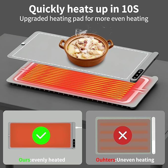 Food Warming Mat Extra Large, Electric Warming Tray with 6 Temperature Settings and Hours Timer, Full Surface Heating Food Warmer Mat, Silicone Heating Tray for Gatherings Parties, Grey