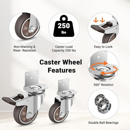 Nefish Side Mount Casters 3 Inch L-Shaped Heavy Duty Rubber Caster Set of 8, Ball Bearing 360 Degree Plate Swivel Castors Wheel, Casters Wheels for Furniture, Baby Bed, Kitchen, Cabinet, Table
