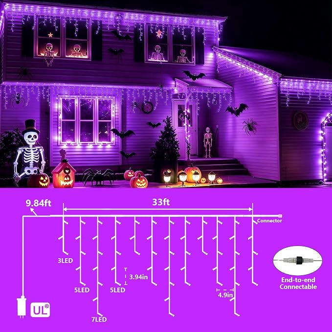 YEGUO 33ft 400 LED Purple Icicle Christmas Lights Outdoor Waterproof, 80 Drops Icicle Light Connectable, 8 Modes Christmas Lights Indoor with Memory Timer