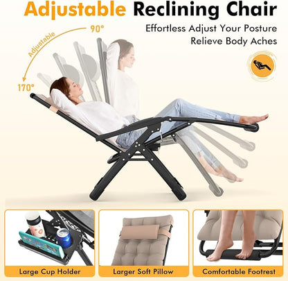 Slendor Oversized Zero Gravity Chairs XL, 29in Padded Recliner Chair, Beige | Reclining Lounge Chair, Folding Anti Gravity Chairs w/Aluminum Alloy Lock,Headrest,Cup Holder, Support 440lbs,for Lawn Patio