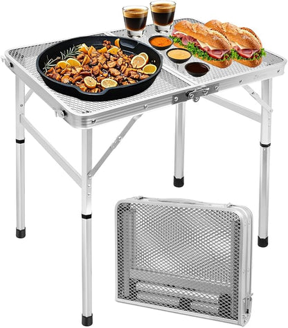 Small 2ft Folding Table with Carry Handle, Adjustable Height 10.6" or 22", Silver Metal Mesh, Portable & Compact Indoor/Apartment/Card/Side/Grill Table, 23.6"Lx15.8"W, Lightweight 4 lb, 66 lb Capacity
