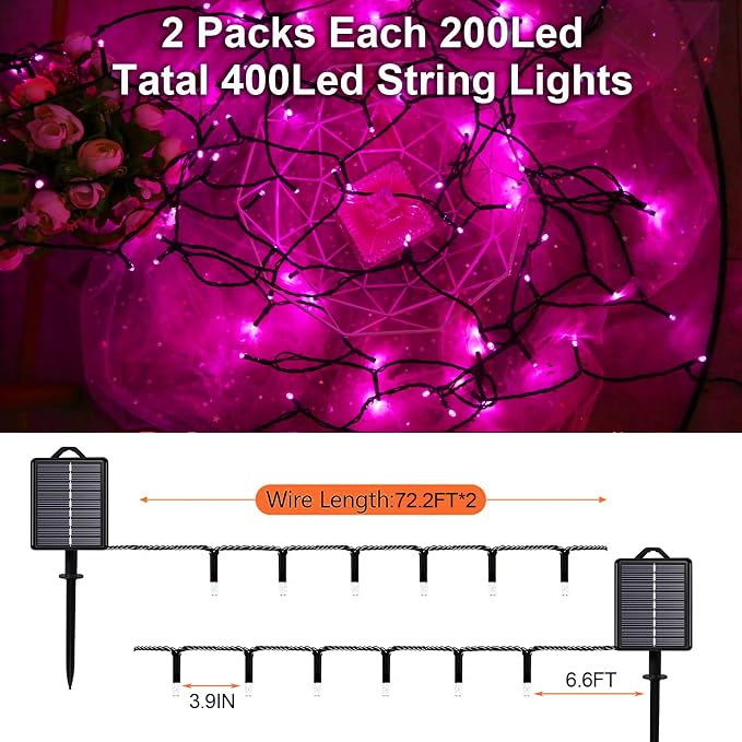 Solar Christmas String Lights, Pink 200Led Outdoor Waterproof | 2 Pack Total 400LED 144Ft 8 Modes Timer, IP44 Outside Valentines’ Day Fairy Lights for Tree, Garden, Patio, Yard Decorations
