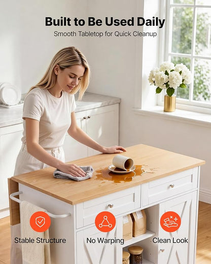 VEVOR Kitchen Island Cart with Storage, 45.67 in Wide Mobile Rolling Storage Island on Swivel Wheels, with 2 Drawers, Storage Cabinet, Drop Leaf, Towel Rack, Table for Home Dining Room, White