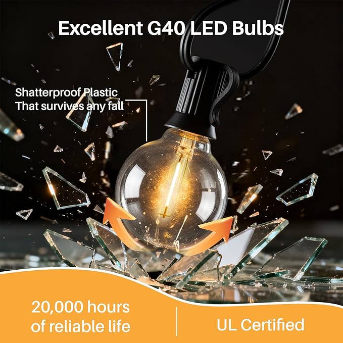 50 FT Outdoor String Lights G40 Globe Shatterproof Patio Lights,26 Plastic Edison Bulbs(2 Spare) IP65 Waterproof Dimmable LED Bulbs for Backyard Porch Balcony Party Decor, E12 Base, 2200K