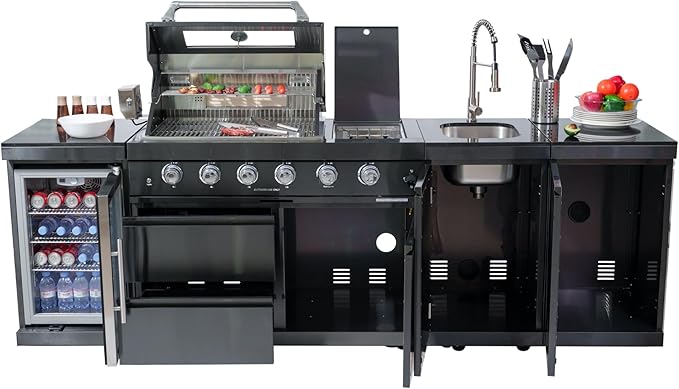 104" Natural Gas Outdoor Kitchen Island - 46-Inch 4-Burner 72,000 BTU Deluxe Stainless Steel Grill Wine Cooler Compact Refrigerator Rotisserie Granite Countertops Stainless steel Sink,Black