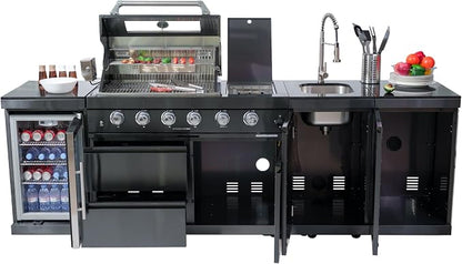 Modular Outdoor Kitchen BBQ Island, 104" Outdoor Kitchen Propane Gas Island Grill with Sink, Compact Refrigerator, Storage Cabinets, Rotisserie Kit (Black, 104")