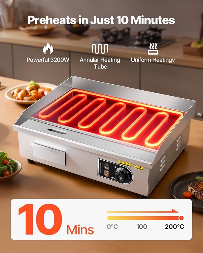 VEVOR Commercial Electric Griddle, 21.06 x 11.81 inch, 3200W, 122-570°F Adjustable Temp Control, Stainless Steel Body, Full Flat, with 2 Spatulas, 2 Brushes, and 4 Foot Pads, for Steak, Pancake