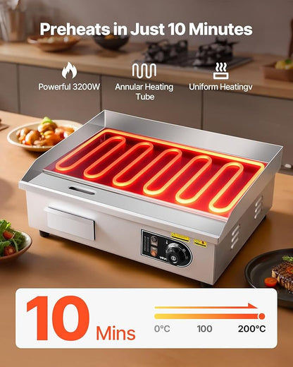 VEVOR Commercial Electric Griddle, 21.06 x 11.81 inch, 3200W, 122-570°F Adjustable Temp Control, Stainless Steel Body, Full Flat, with 2 Spatulas, 2 Brushes, and 4 Foot Pads, for Steak, Pancake