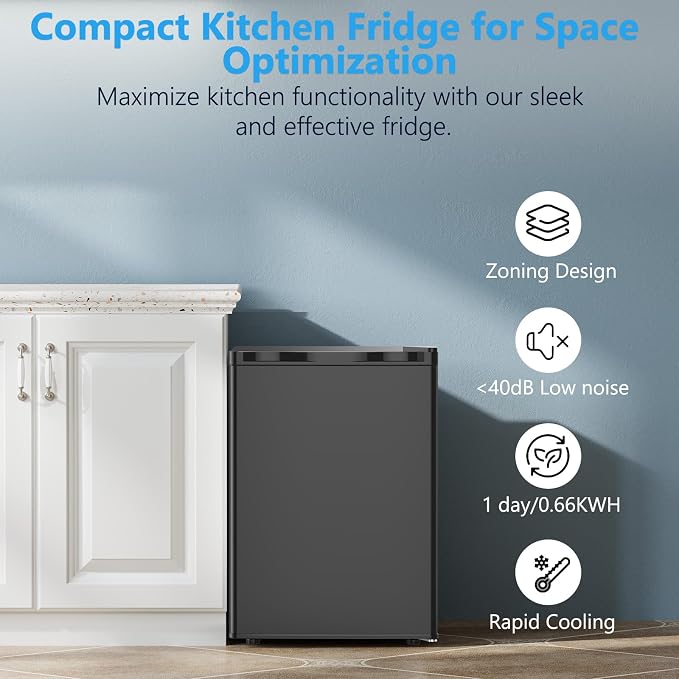 COWSAR 2.6 Cu.Ft Mini Fridge with Freezer, Quiet Reversible Door Compact Refrigerator, Small Refrigerator with 2 Removable Shelves, Adjustable Thermostat, for Office, Bedroom, Dorm, Black