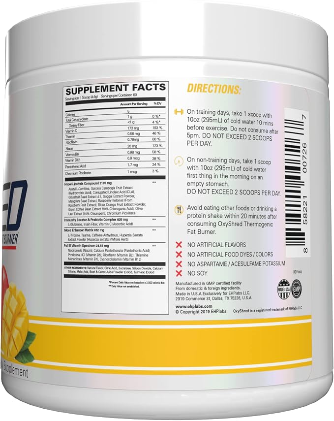 EHP Labs OxyShred Pre Workout Powder - Preworkout Powder with L Glutamine & Acetyl L Carnitine, Energy Boost Drink - Mango, 60 Servings