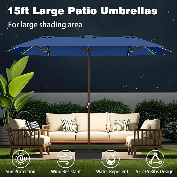 AreShark 15FT Large Rectangular Patio Umbrella with Solar Lights, Deep Navy | Rectangle Lighted Outdoor Umbrella with Crank, Double-Sided Market Umbrella with Base for Porch, Lawn, Pool, Backyard