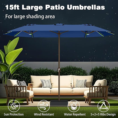 AreShark 15FT Large Rectangular Patio Umbrella with Solar Lights, Deep Navy | Rectangle Lighted Outdoor Umbrella with Crank, Double-Sided Market Umbrella with Base for Porch, Lawn, Pool, Backyard