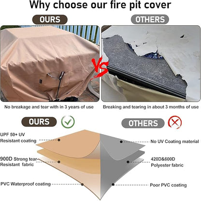 QH.HOME Fire Pit Cover Square 29-32 Inch Heavy Duty 900D Strong Tear-Resistant and Waterproof and Fading Resistant Material Polyester UV Resistant Firepit Covers for Outdoor Fire Table-Wheat