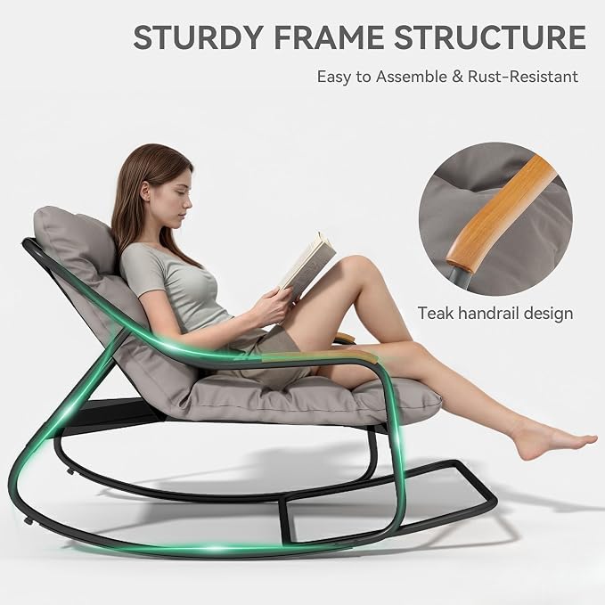 DWVO Oversized Rocking Chair, Textilene Patio Rocking Chair w/2.8" Thick Cushion & Teak Armrests, All-Weather Patio Lounge Chair for Backyard, Lawn, Garden, Black
