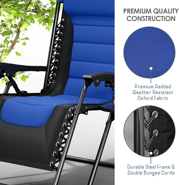 Nestl Padded Oversized Zero Gravity Chair, XL Outdoor Lounge Chair Set of 2 | Adjustable Headrest, Cup Holder & Side Tray, Support 330 LBS, Anti Gravity Reclining, For Patio, Camping & Beach, Black/Blue