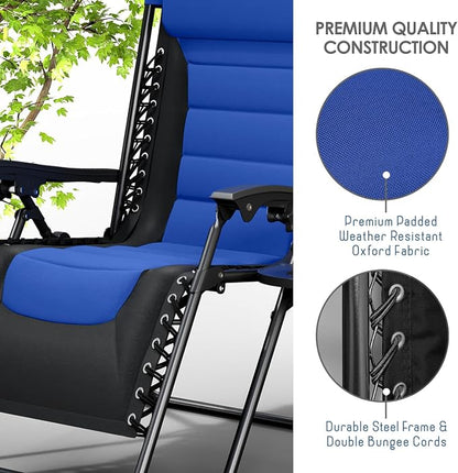 Nestl Padded Oversized Zero Gravity Chair, XL Outdoor Lounge Chair Set of 2 | Adjustable Headrest, Cup Holder & Side Tray, Support 330 LBS, Anti Gravity Reclining, For Patio, Camping & Beach, Black/Blue