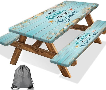 JAWO Park Picnic Table Cover with Bench Covers Lightweight Camping Essentials, Oil-Proof Waterproof 3PCS Tablecloth with Elastic, Fitted for Table Rectangle and Seats, Board Beach 30X60inch