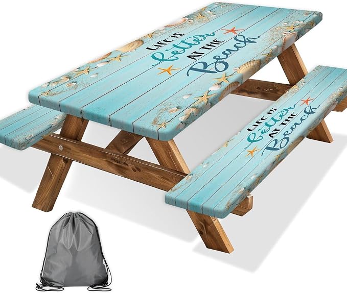 JAWO Park Picnic Table Cover with Bench Covers Lightweight Camping Essentials, Oil-Proof Waterproof 3PCS Tablecloth with Elastic, Fitted for Table Rectangle and Seats, Board Beach 30X96inch