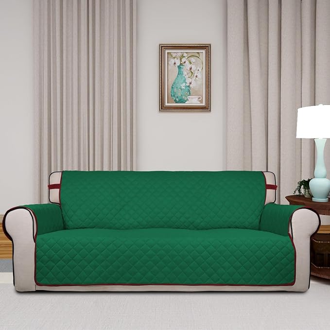 PureFit Reversible Quilted Sofa Cover Dog Couch Covers for Sofa, 66 in | Green/Red, Water Resistant Couch Protector, Washable Pet Couch Cover with Non Slip and Elastic Straps For Kids