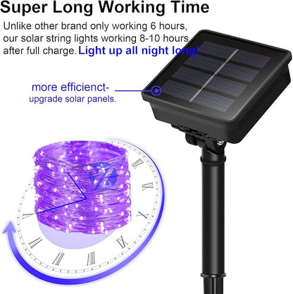Solar Christmas Halloween String Lights Purple Outdoor Waterproof 2Pack Total 200Led 8 Modes Copper String Lights Fairy Lights for Valentine's Day Garden, Patio, Fence, Balcony, Outdoors
